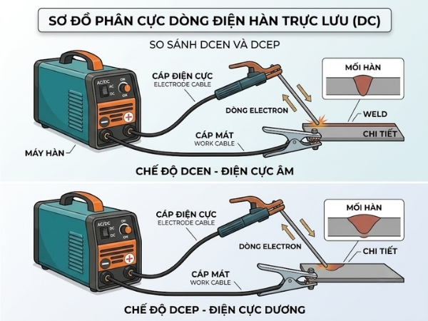 Thiết lập cực tính DCEN hoặc DCEP theo phương pháp hàn, loại điện cực/dây hàn